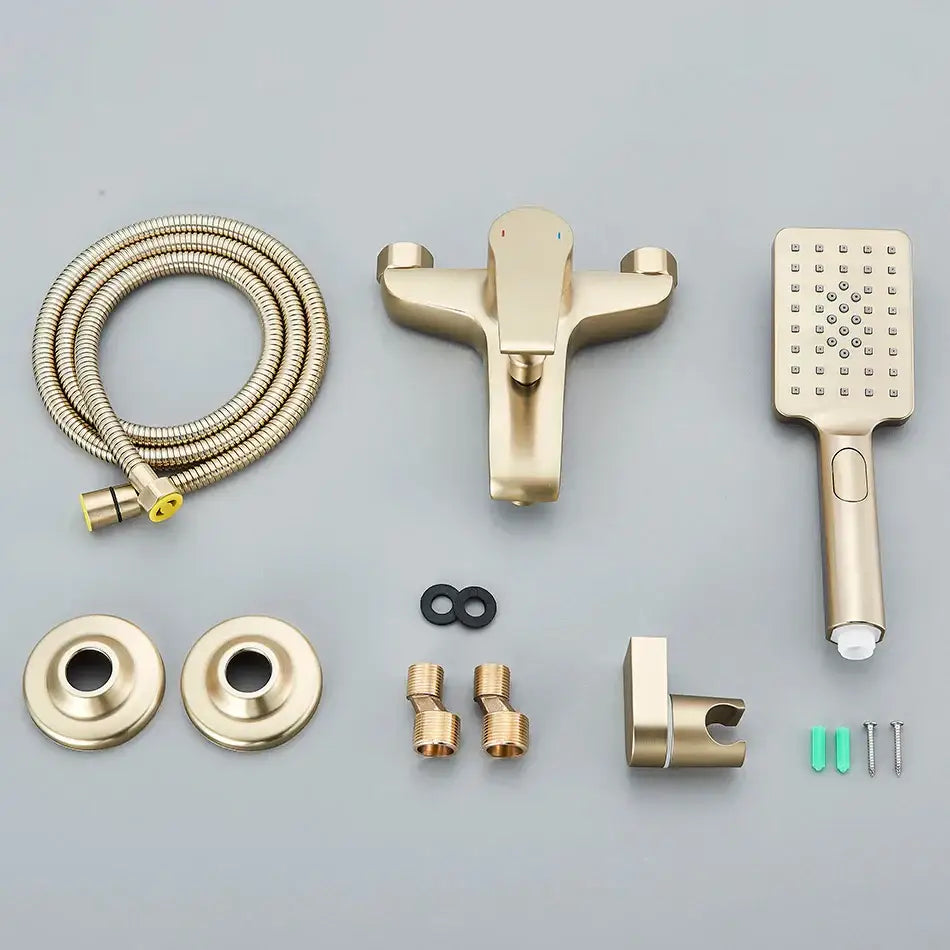 Brushed gold and black shower faucet mixer set with handheld spray head and flexible hose for bathroom use