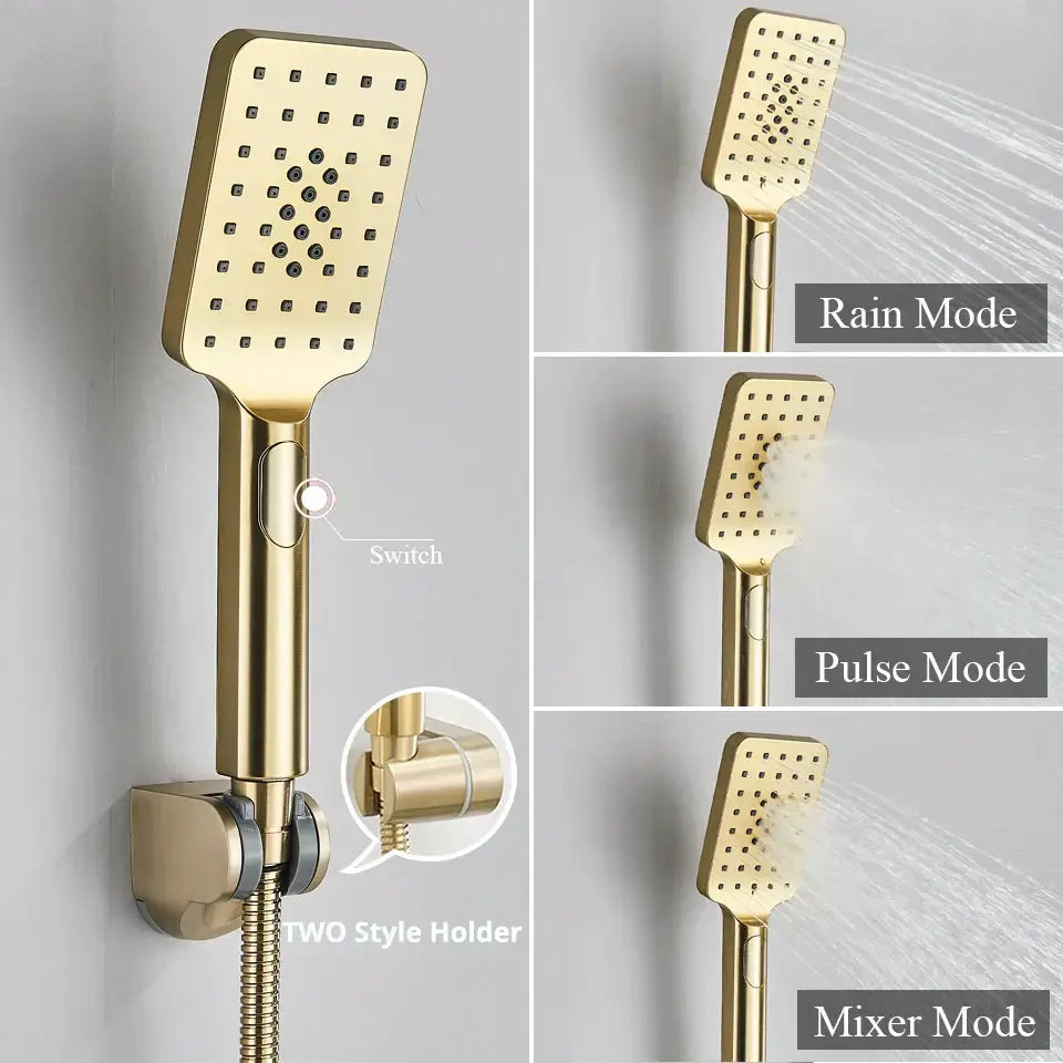 Brushed gold and black shower faucet mixer set featuring a gold rectangular showerhead with multiple spray settings