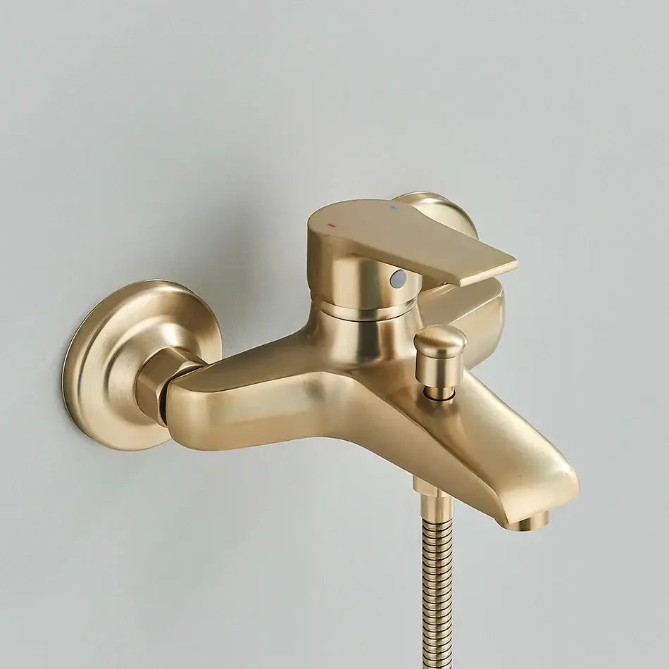 Brushed gold and black shower faucet mixer set featuring a gold-finished brass shower faucet with flexible shower hose