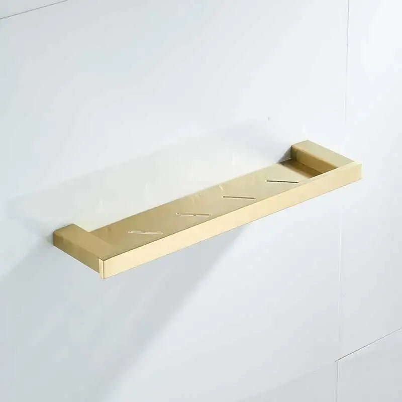 Brushed gold stainless steel rectangular bathroom shelf with sleek modern design and diagonal drainage slits by decorbites brushed gold
