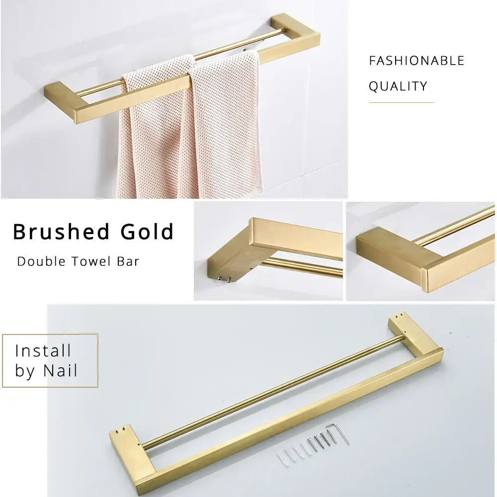 Brushed gold double towel bar with sleek modern design and sturdy stainless steel rectangular ends from decorbites brushed gold set
