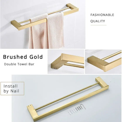 Brushed gold double towel bar with sleek modern design and sturdy stainless steel rectangular ends from decorbites brushed gold set