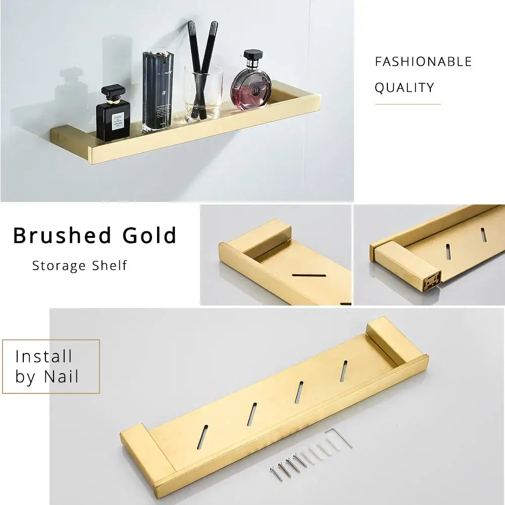 Brushed gold stainless steel storage shelf with four vertical slots in the decorbites brushed gold bathroom accessory set