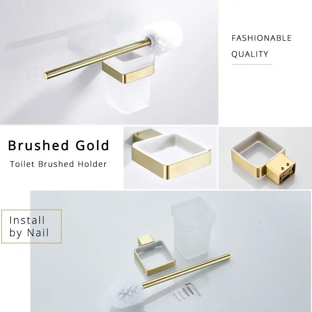 Brushed gold stainless steel toilet brush holder with sleek square design and translucent white interior decorbites brushed gold