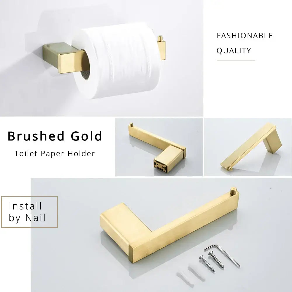 Brushed gold toilet paper holder with sleek modern design and rectangular shape in stainless steel by decorbites brushed gold