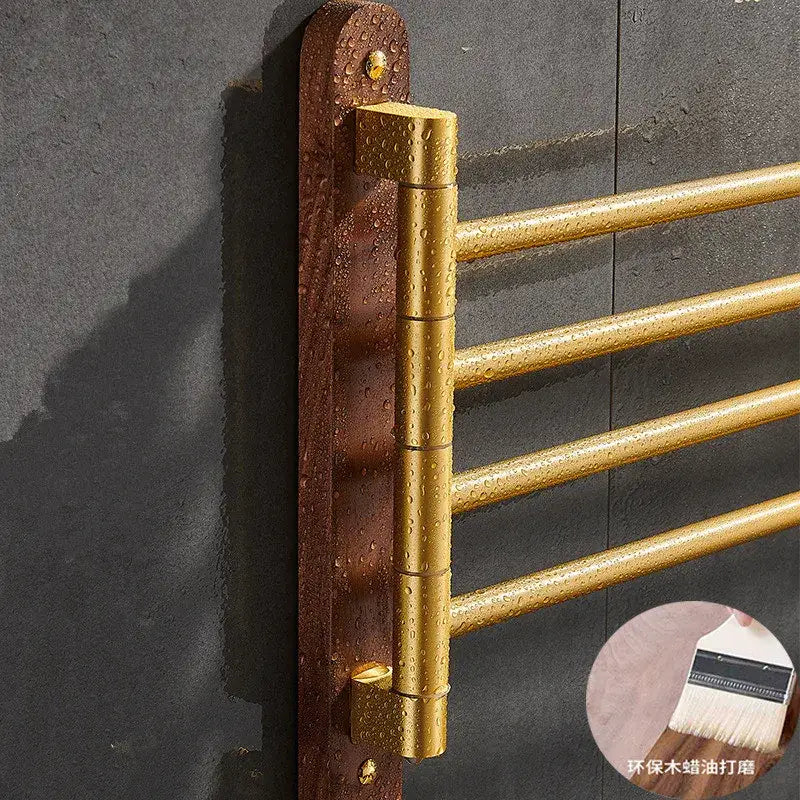 Brushed gold swivel towel hanger with multi-tiered design and rustic wooden backplate for bathroom use
