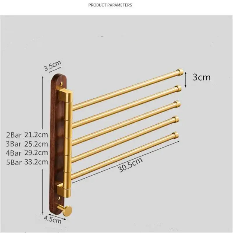 Brushed gold swivel towel hanger with multi-bar design and dark wood backing wall-mounted towel rack