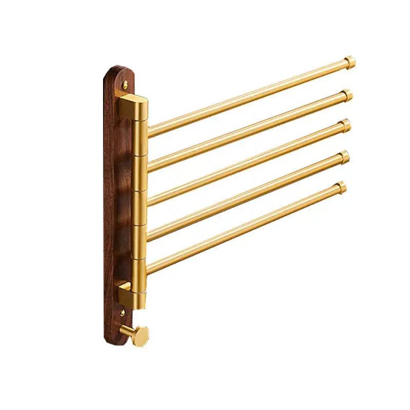 Brushed gold five-tier swivel towel hanger with dark wood mounting plate for bathroom organization