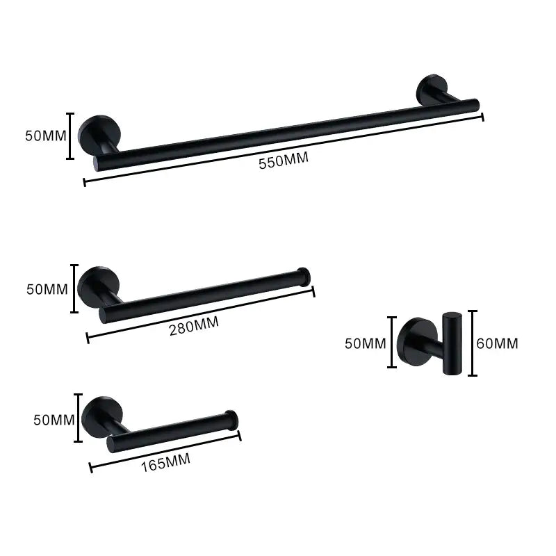 Black matte metal towel rack with sleek modern design and varying lengths paired with decorbites brushed gold bathroom set