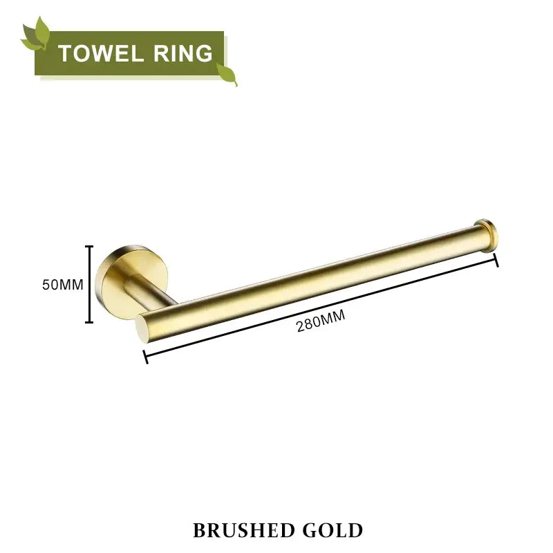 Brushed gold towel ring with sleek cylindrical design and circular mounting base in decorbites brushed gold bathroom set