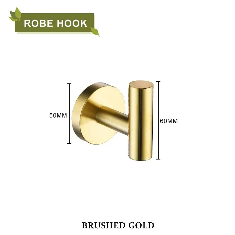 Brushed gold robe hook with sleek cylindrical design and circular mounting plate from decorbites brushed gold bathroom set