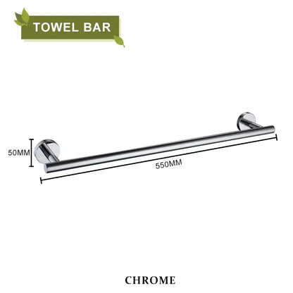 Chrome finished towel bar with sleek cylindrical design and circular wall mounts for decorbites brushed gold bathroom set