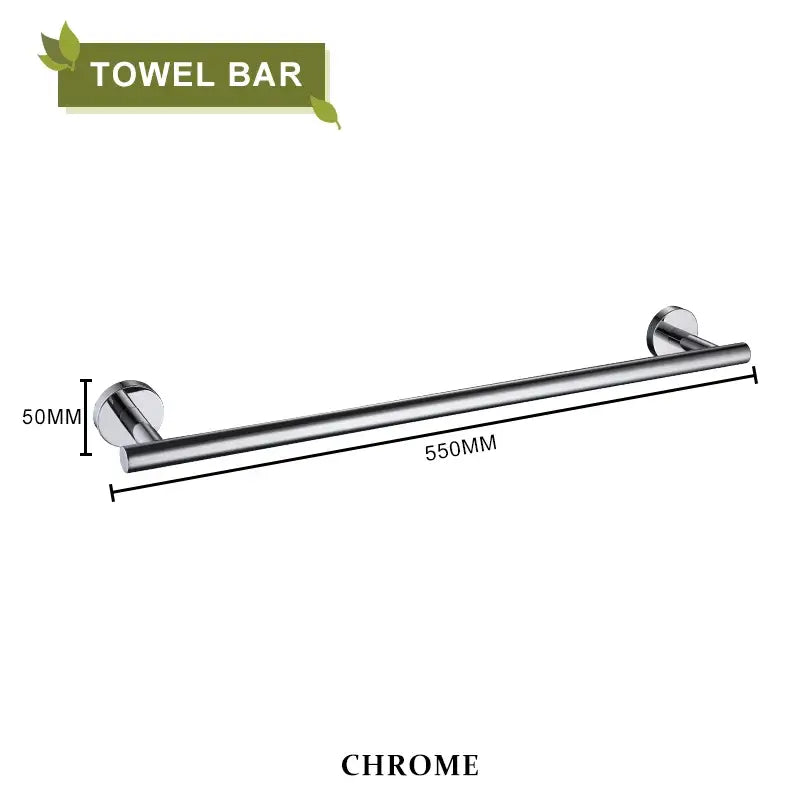 Chrome finished towel bar with sleek cylindrical design and circular wall mounts for decorbites brushed gold bathroom set