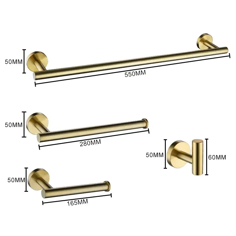 Brushed gold bathroom accessories set with sleek metal towel bar and paper holder featuring minimalist design