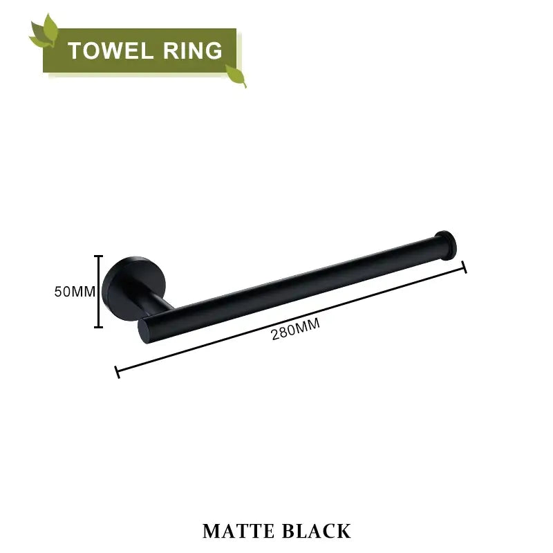 Matte black towel ring with sleek modern design and sturdy metal construction in a decorbites brushed gold bathroom set