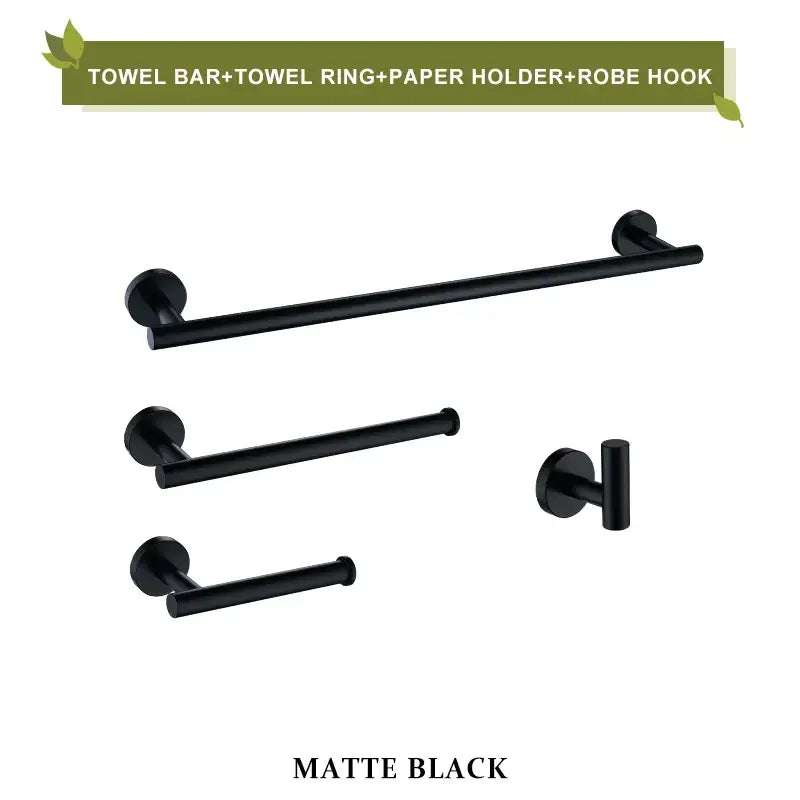 Matte black bathroom hardware set with towel bar, towel ring, paper holder, and robe hook contrasting brushed gold bathroom decorbites accessories