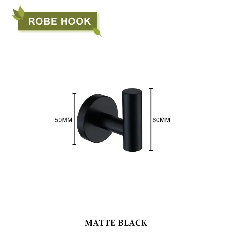 Matte black robe hook with sleek modern design 50mm by 60mm in decorbites brushed gold bathroom accessories set
