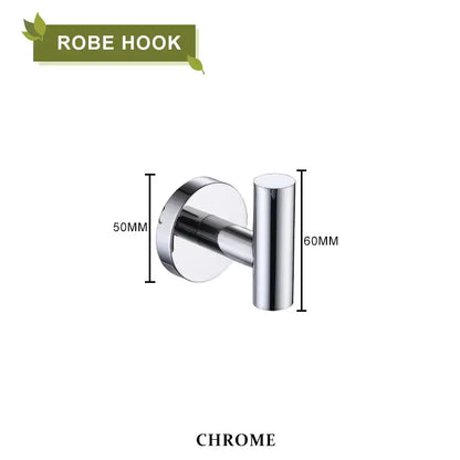 Chrome-finished robe hook with sleek cylindrical design and circular mount in decorbites brushed gold bathroom set