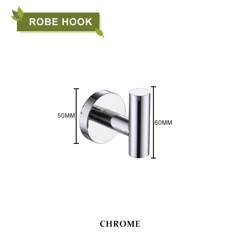 Chrome-finished robe hook with sleek cylindrical design and circular mount in decorbites brushed gold bathroom set