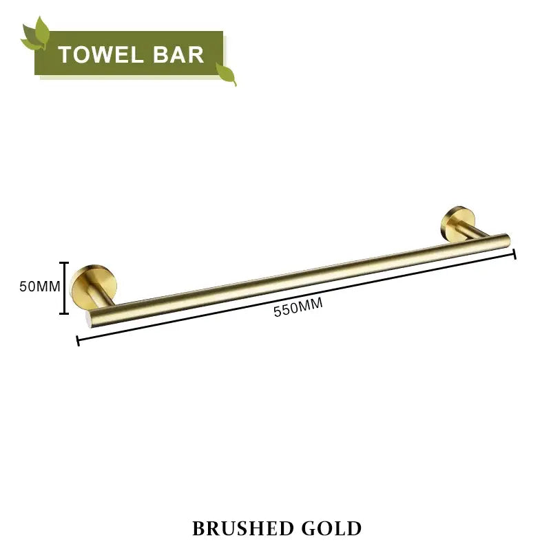 Brushed gold towel bar with sleek cylindrical design and matching circular wall mounts from decorbites brushed gold bathroom set