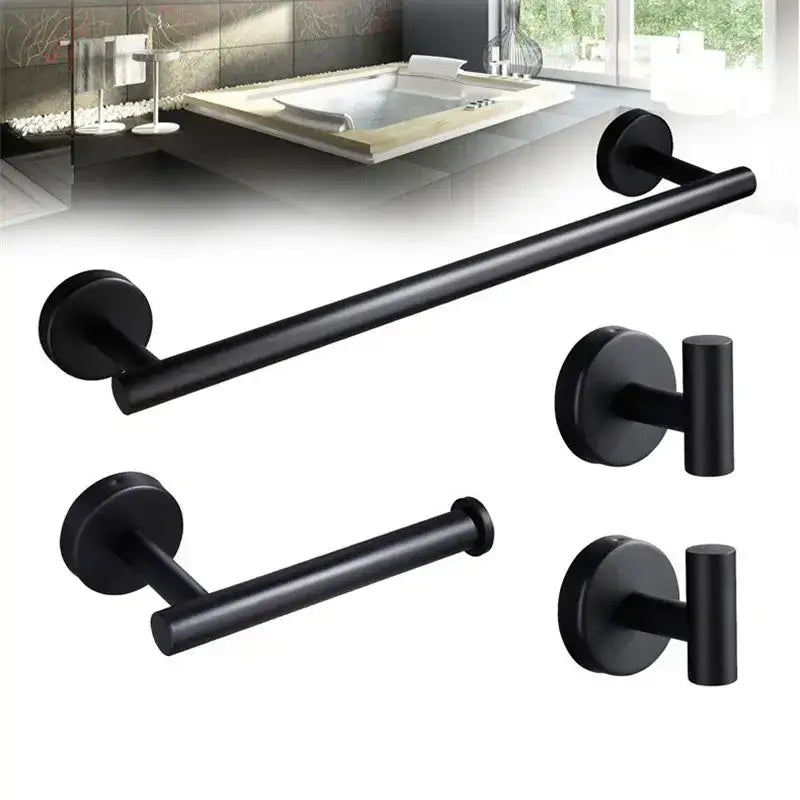 Black matte bathroom hardware set with towel bar toilet paper holder and two hooks for modern bathroom decor