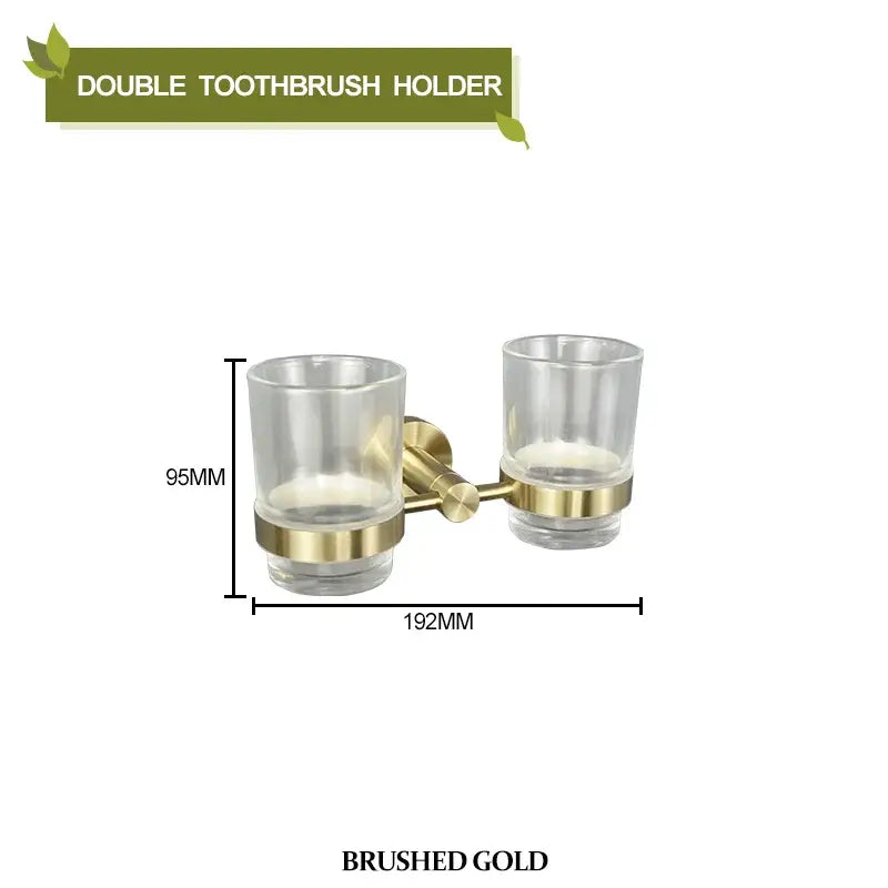 Brushed gold bathroom pendant set featuring a double toothbrush holder with clear glass cups and modern design decorbites brushed gold