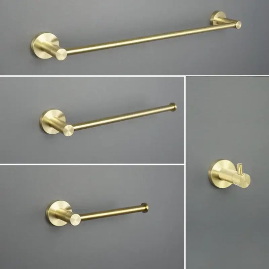 Brass-finished wall-mounted towel rack with circular plates and cylindrical rods in decorbites brushed gold bathroom pendant set