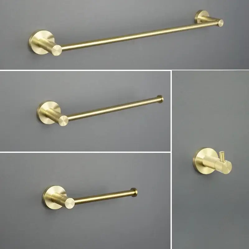 Brass-finished wall-mounted towel rack with circular plates and cylindrical rods in decorbites brushed gold bathroom pendant set
