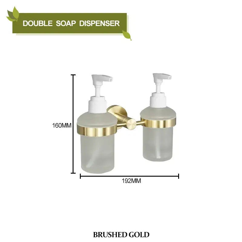 Brushed gold bathroom pendant set featuring double soap dispenser with frosted glass bottles and white pump nozzles by decorbites