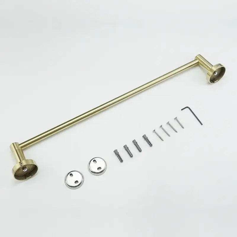 Brushed gold bathroom pendant towel rack with brass-finished mounting hardware and hex key for decorbites brushed gold set