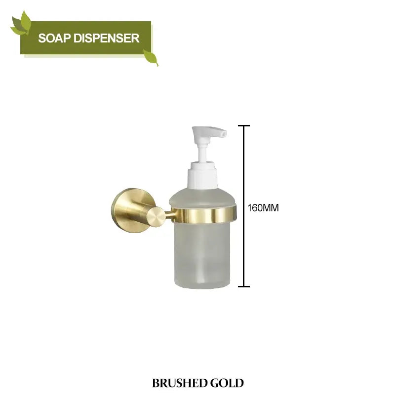 Brushed gold bathroom pendant soap dispenser with frosted glass bottle and white pump from decorbites brushed gold set
