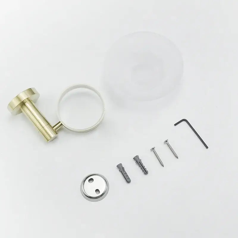 Brushed gold bathroom pendant towel ring with clear circular glass accent from decorbites brushed gold set