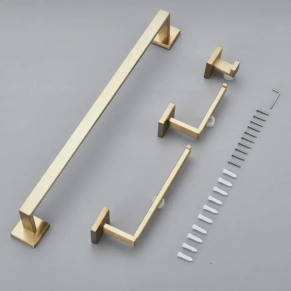 Brushed gold bathroom towel rack set with multi bar shelf hooks and mounting hardware from decorbites