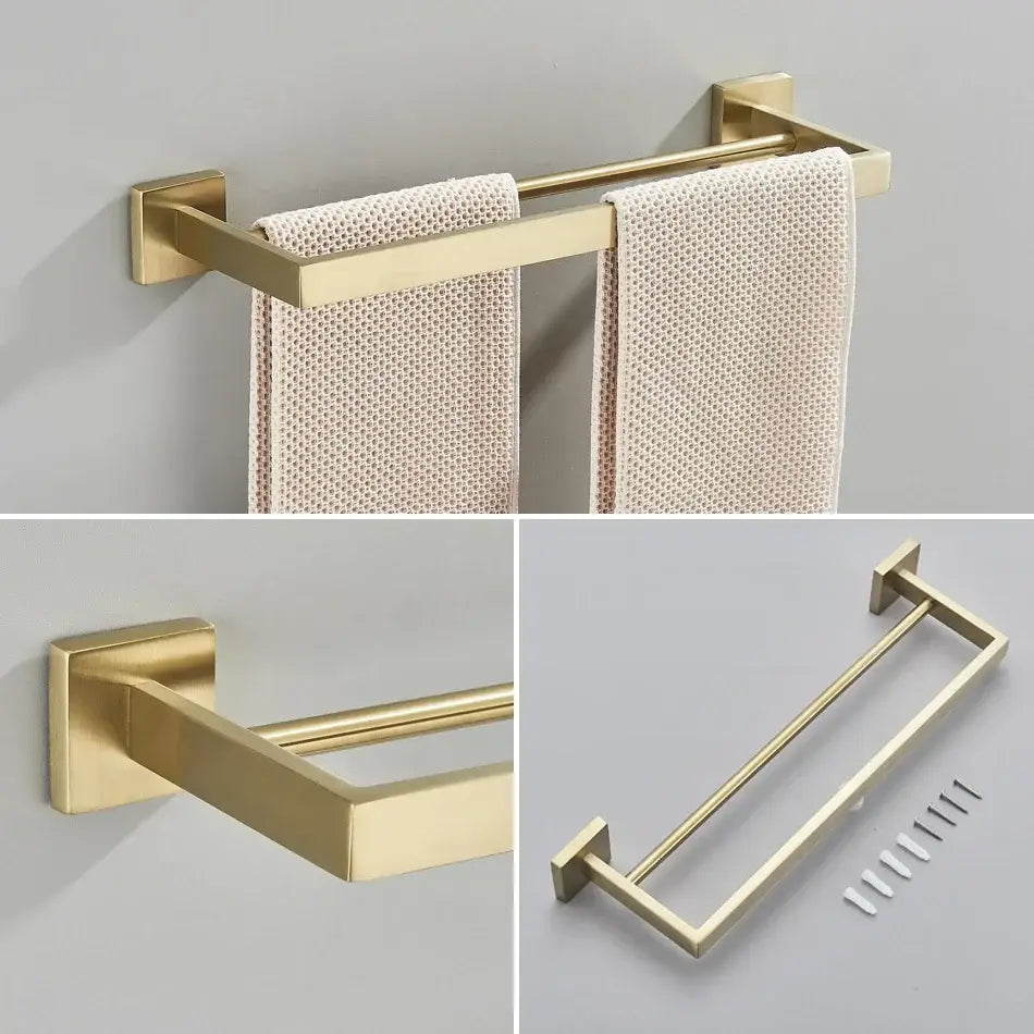 Brushed gold bathroom towel rack set featuring a gold-finished double rack with multi bar shelf and square mounting plates