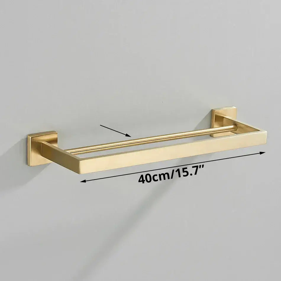 Brushed gold bathroom towel rack set with double bars, multi bar shelf, hooks, and modern minimalist brushed metal finish