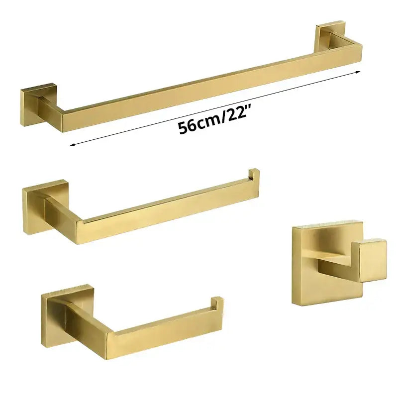 Brushed gold bathroom towel rack set with stainless steel multi bar shelf and hooks featuring decorbites brushed gold finish