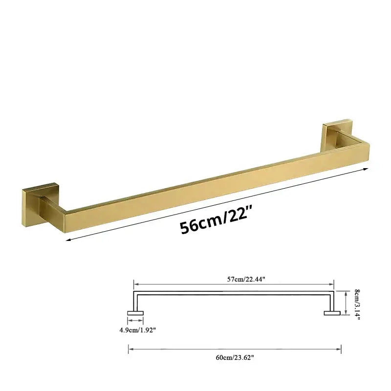 Brushed gold bathroom towel rack set with multi bar shelf and hooks featuring a sleek metallic finish and square brackets