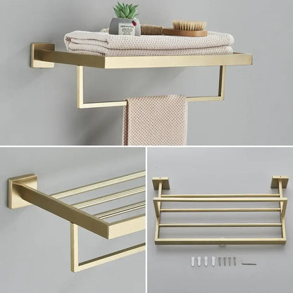 Brushed gold bathroom towel rack set by decorbites with multi bar shelf hooks in gold-toned metal design