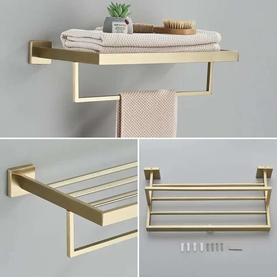 Brushed gold bathroom towel rack set by decorbites with multi bar shelf hooks in gold-toned metal design