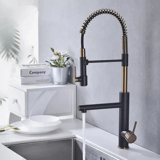 Black and brushed gold kitchen faucet with flexible coiled spring spout from decorbites brushed gold collection