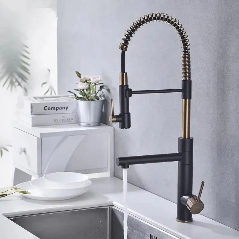 Black and brushed gold kitchen faucet with flexible coiled spring spout from decorbites brushed gold collection