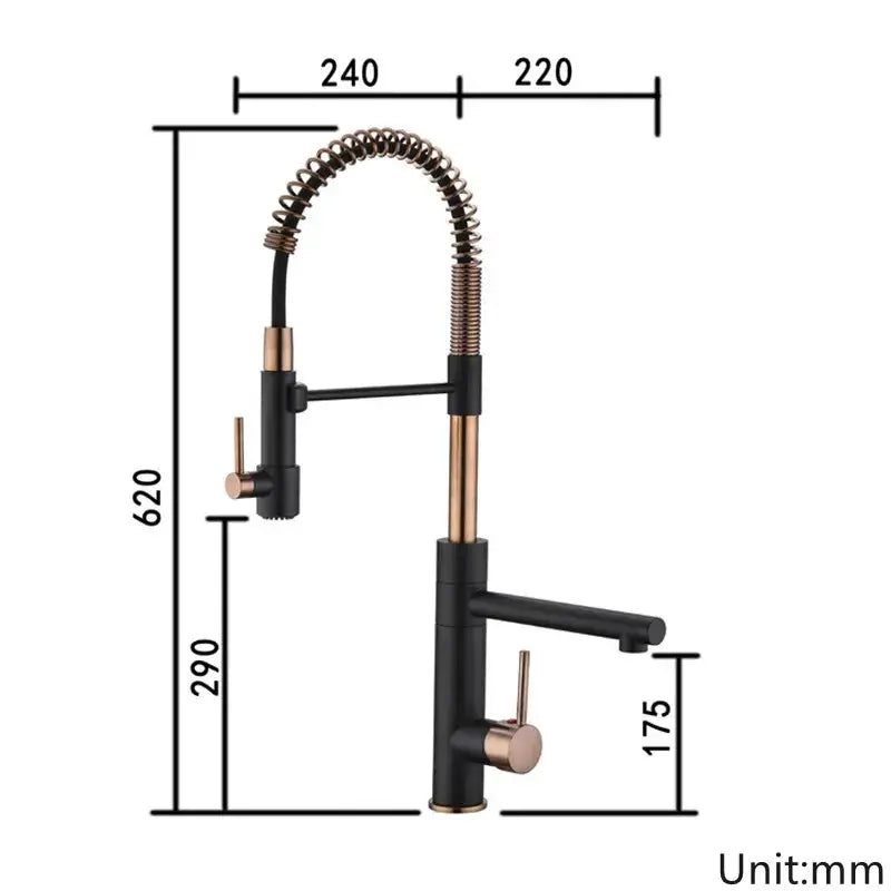 Black and rose gold two-handle kitchen faucet with brushed gold flexible spring gooseneck spout by decorbites