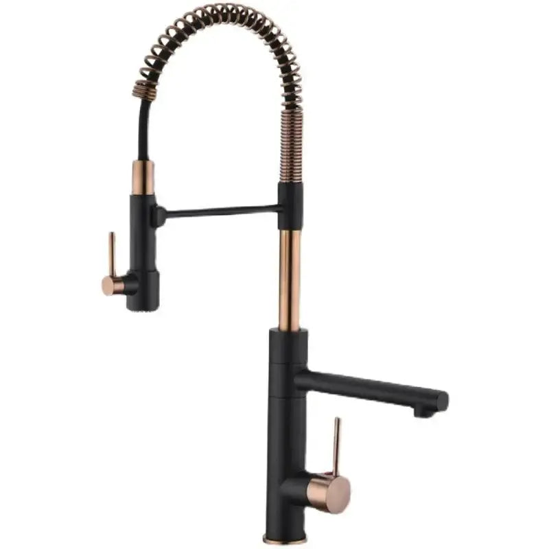 Black and rose gold brushed gold kitchen faucet with two handles and flexible coiled spring spout by decorbites