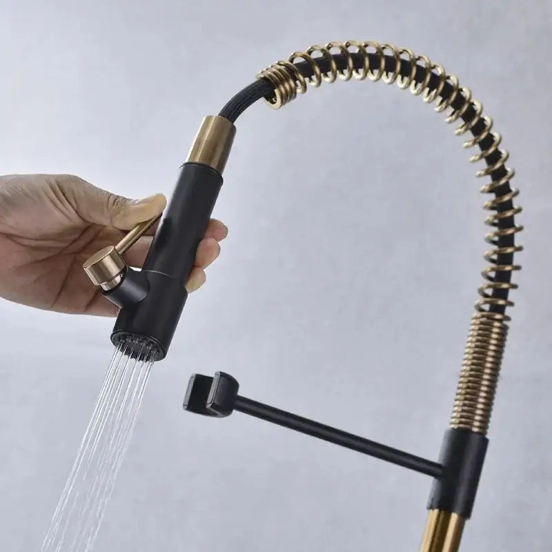 Brushed gold and black kitchen faucet with flexible coiled spring hose and pull down spout by decorbites brushed gold