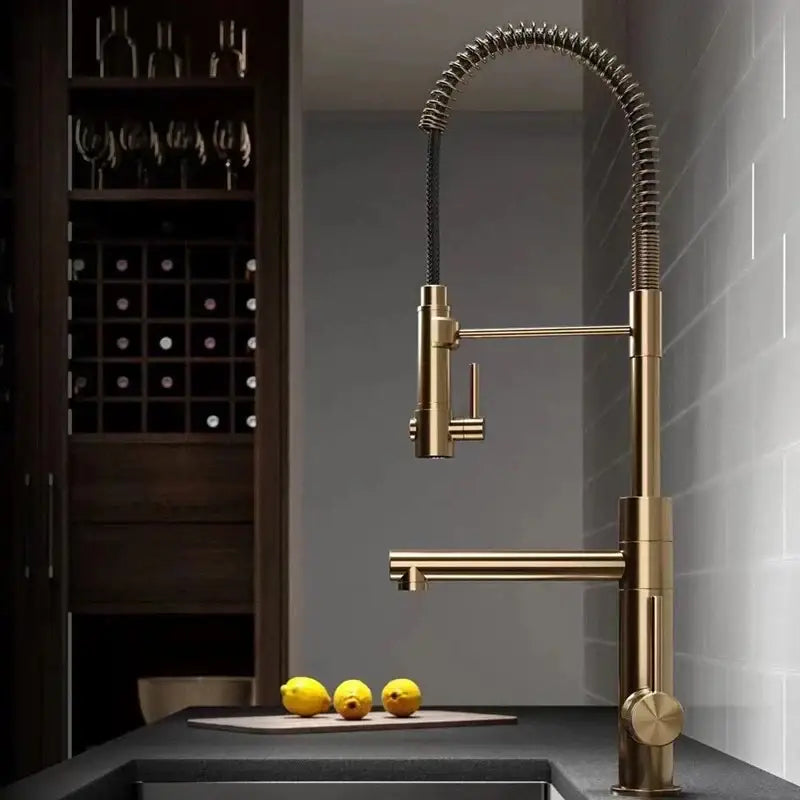 Brushed gold kitchen faucet with flexible coiled gooseneck spout and pull down spray head decorbites brushed gold