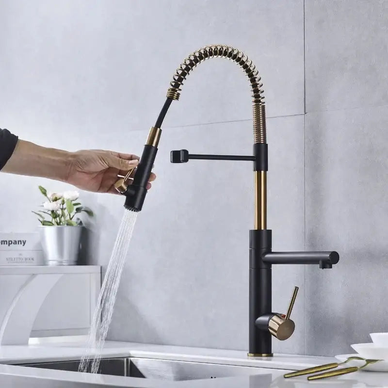 Brushed gold and black kitchen faucet with flexible coiled spray head and pull down spout by decorbites brushed gold