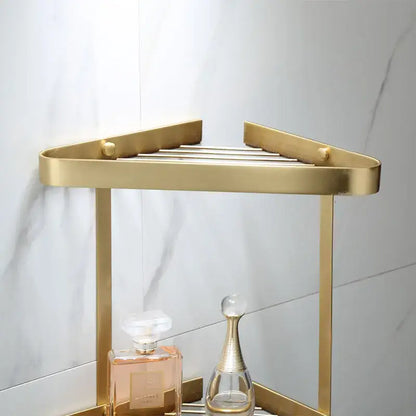 Brushed gold brass bathroom shower rack with hooks featuring a modern triangular design and horizontal slats for decorbites brass bathroom storage