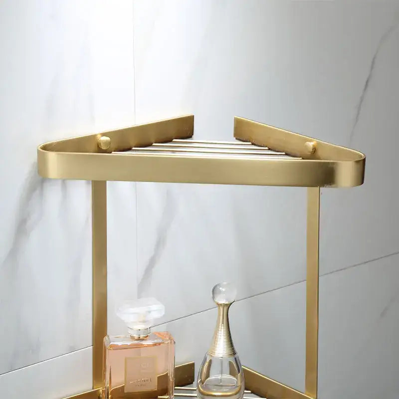 Brushed gold brass bathroom shower rack with hooks featuring a modern triangular design and horizontal slats for decorbites brass bathroom storage