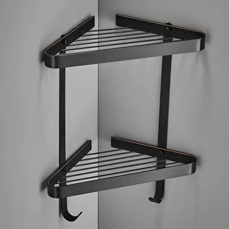 Brushed gold brass bathroom shower rack with two-tier metal corner shelf and hooks for corner storage decorbites brass bathroom