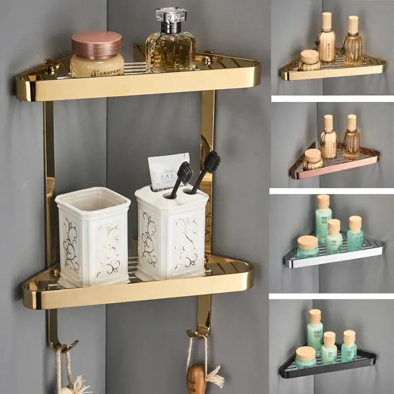 Brushed gold brass bathroom shower rack with hooks corner storage featuring sleek metallic finish decorbites brass bathroom